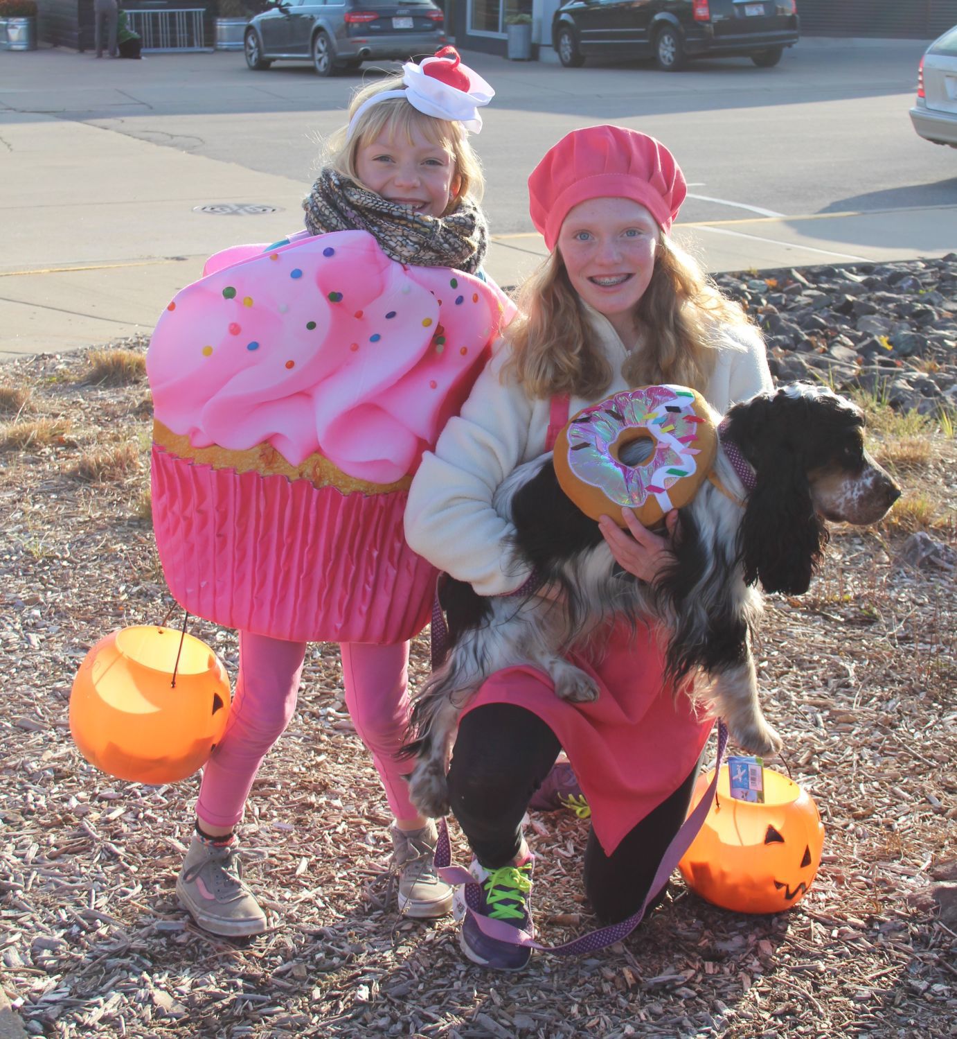 Costumed kids and their dog